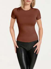 Women Fashion Wild T-Shirts Solid Color Round Neck Long Sleeve Bottoming Shirts Spring Autumn Slim Fit Streetwear - Brown - View 7