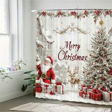 充满活力的圣诞浴帘 - 防水、可机洗、涤纶混纺，配有 12 个挂钩、圣诞老人和驯鹿图案艺术设计，适用于家庭和酒店装饰，易于护理、防锈且耐用 - 酒紅色 - 查看 3