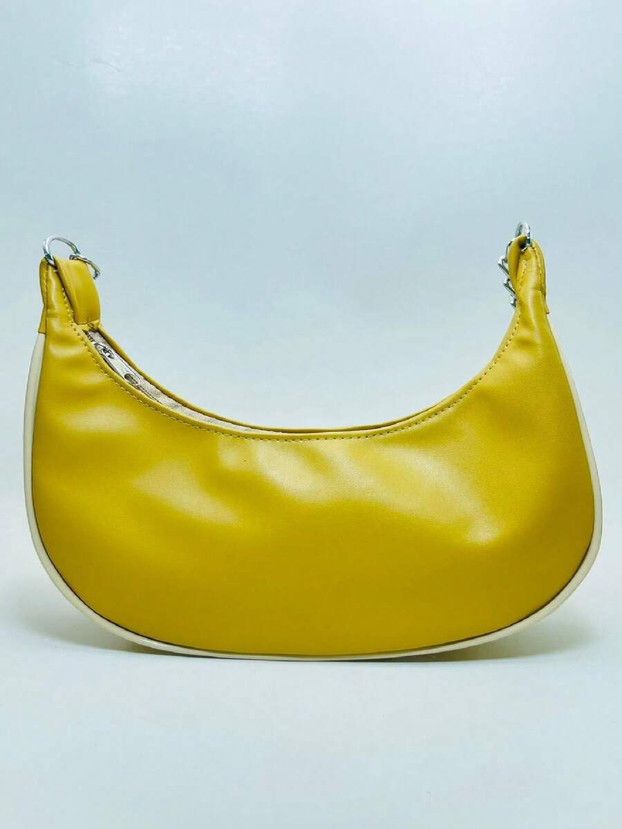 WOMEN'S HALF MOON SHOULDER BAG IN SUMMER COLORS WITH CHAIN STRAP DETAIL - 芥末黃 - 查看 1
