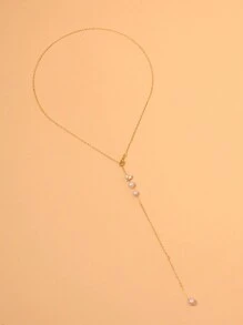 STONEFANS 1pc Sexy Gold Tone Bridal Pearl Backless Body Chain, Fashion Wedding Zirconia Necklace For Women - Gold - View 7