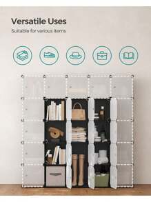 SONGMICS 12-Cube Storage Unit, Shoe Rack, Stackable Cubes, Plastic Closet Cabinet, Wardrobe, With Doors, For Bedroom, Office, Easy To Assemble, Black And White - Black and White - View 3