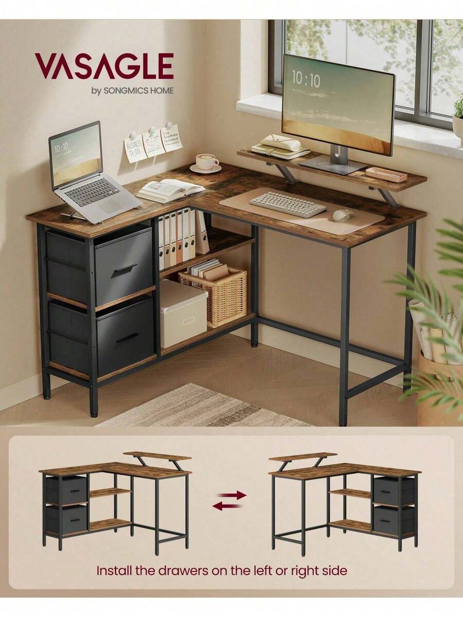 VASAGLE L-Shaped Desk With 2 Spacious Drawers, Gaming Desk With Monitor Stand, Corner Desk, Computer Desk With Adjustable Storage Shelf, For Home Office, Rustic Brown - 鏽棕色 - 查看 1