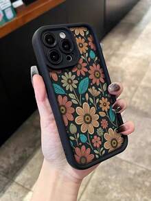 花卉彩绘凹槽黑色柔软保护手机壳适用于 Iphone16/Iphone15/XR/7p8p/P12promax/P13promax/P14PROMAX/P13/P14/P11/P12/P14，可爱时尚厚减震外壳适用于 XS/S/XSMAX/78GES2 - 彩色 - 查看 2