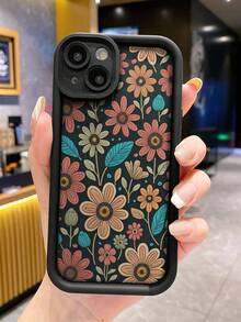 花卉彩绘凹槽黑色柔软保护手机壳适用于 Iphone16/Iphone15/XR/7p8p/P12promax/P13promax/P14PROMAX/P13/P14/P11/P12/P14，可爱时尚厚减震外壳适用于 XS/S/XSMAX/78GES2 - 彩色 - 查看 3
