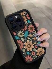 花卉彩绘凹槽黑色柔软保护手机壳适用于 Iphone16/Iphone15/XR/7p8p/P12promax/P13promax/P14PROMAX/P13/P14/P11/P12/P14，可爱时尚厚减震外壳适用于 XS/S/XSMAX/78GES2 - 彩色 - 查看 7