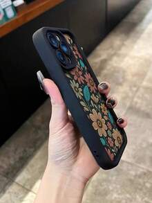 花卉彩绘凹槽黑色柔软保护手机壳适用于 Iphone16/Iphone15/XR/7p8p/P12promax/P13promax/P14PROMAX/P13/P14/P11/P12/P14，可爱时尚厚减震外壳适用于 XS/S/XSMAX/78GES2 - 彩色 - 查看 4