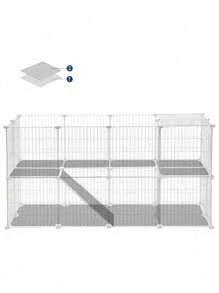 SONGMICS 2-Floor Metal Pet Playpen, 36 Grid Panels, Customisable Cage Enclosure For Small Animals, Guinea Pigs Hamster Runs, Rabbit Hutches, Includes Mallet, Indoor Use, 143 X 73 X 71 Cm, White - White - View 3