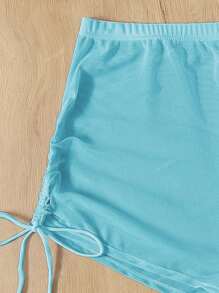 3pcs/Set Light Blue Bowknot Rhinestone Decor Bikini Set Swimwear With Cover-Up Shorts, Sunproof, For Summer Beach Vacation