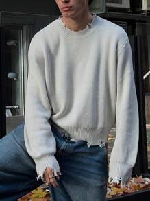 ANDREILEE 宽松舒适休闲高街纯色圆领长袖流苏做旧套头毛衣，适合春、秋、冬三季穿着。 - 白色 - 查看 1