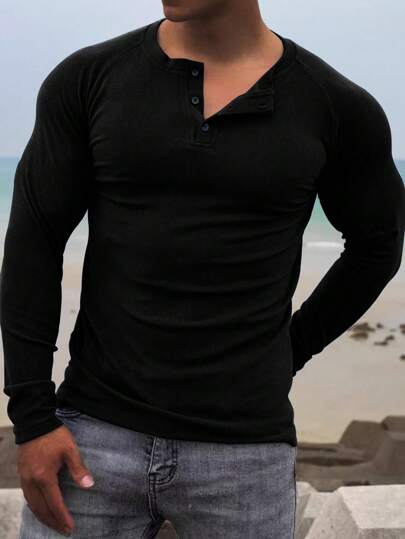 Camiseta de manga larga tipo henley de uso diario casual para hombres, cómoda y suave, versátil para todas las estaciones, para el otoño