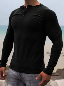 男士休闲日常纯色亨利长袖 T 恤，舒适柔软，百搭，适合所有季节，适合秋季 - 黑色 - 查看 4