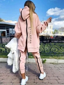 Fashionable Full Zip Front & Back Letter Print Loose Fit Long Women's Tracksuit
