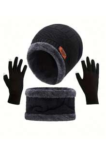 儿童冬季帽子围巾和手套套装保暖内衬无檐便帽针织帽围巾适合 8-16 岁男孩女孩