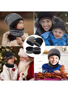 儿童冬季帽子围巾和手套套装保暖内衬无檐便帽针织帽围巾适合 8-16 岁男孩女孩