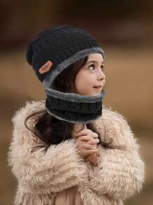 儿童冬季帽子围巾和手套套装保暖内衬无檐便帽针织帽围巾适合 8-16 岁男孩女孩