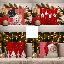 4pcs Christmas Decoration Pillowcase Red And White Polka Dot Santa Claus Snowflakes Christmas Balls Snow Christmas Tree Winter Holiday Pillow Decoration Cushion Cover Single Side No Pillow Core