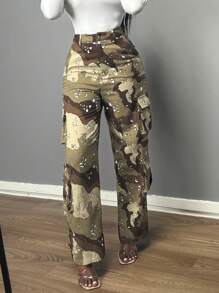 Women Camouflage Cargo Pants With Front Buttons, Casual Everyday Wear - xanh quân đội - Xem 2