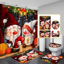 【圣诞感恩节系列】1件/4件180*180厘米/70*70英寸浴帘套装圣诞元素感恩节元素矮人印花浴帘套装，防水浴帘浴室隔断套装带12个挂钩，浴室地毯，卫生间U型垫，马桶垫，浴室隔断，圣诞装饰品，适用于圣诞感恩节浴室装饰，也可用于日常聚酯纤维材质秋季装饰浴室配件返校 - 彩色 - 查看 1