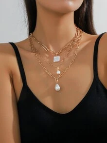 1 件女式巴洛克仿珍珠吊坠项链，复古欧美风格颈链，送给女孩的礼物 - 彩色 - 查看 1