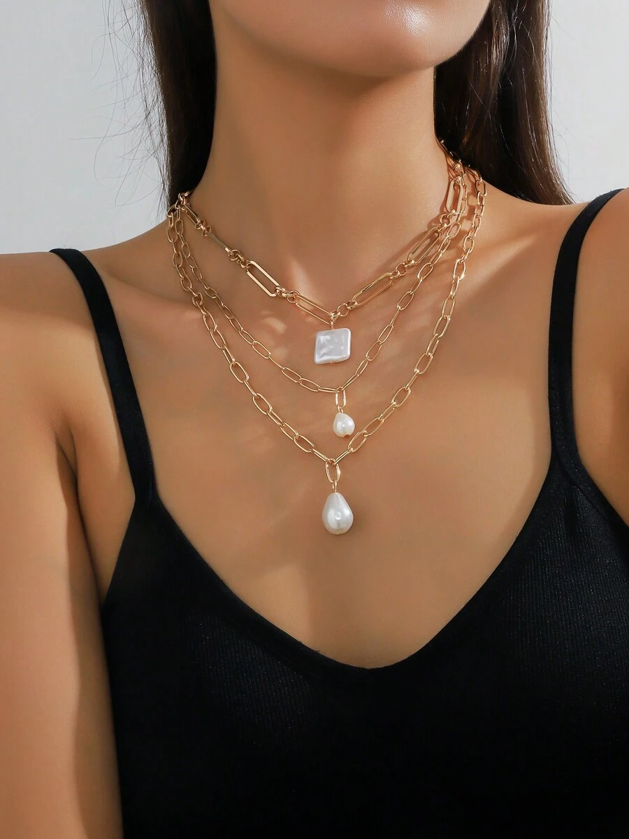 1 件女式巴洛克仿珍珠吊坠项链，复古欧美风格颈链，送给女孩的礼物 - 彩色 - 查看 1