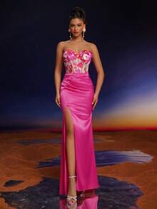 Anymoon 花卉贴花露肩高腰美人鱼伴娘礼服