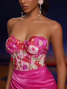 Anymoon 花卉贴花露肩高腰美人鱼伴娘礼服