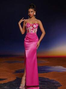 Anymoon 花卉贴花露肩高腰美人鱼伴娘礼服