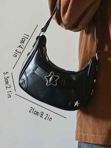Y2K復古風格，星星設計，適合女性在音樂節、派對及其他正式場合背在腋下或作為手袋的摩托車袋 - 黑色 - 查看 5