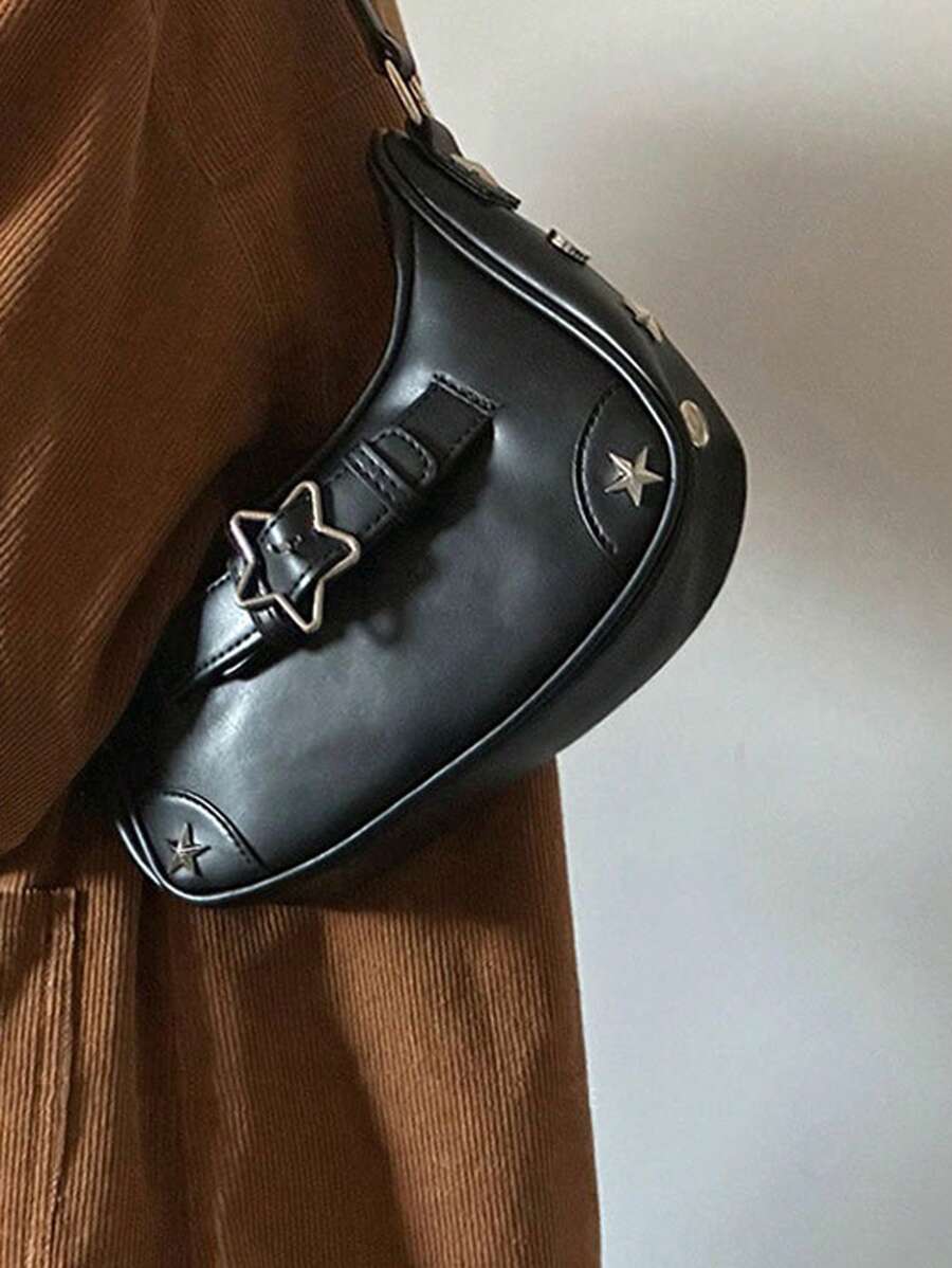 Y2K復古風格，星星設計，適合女性在音樂節、派對及其他正式場合背在腋下或作為手袋的摩托車袋