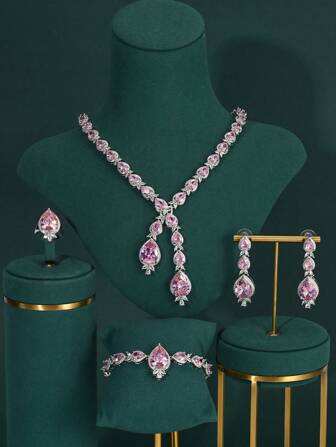 4 piezas Juego de joyería de cobre de lujo con piedras de circonita. Incluye collar, aretes, anillo y pulsera. Adecuado para uso diario, eventos formales, fiestas y bodas. Juego de regalo