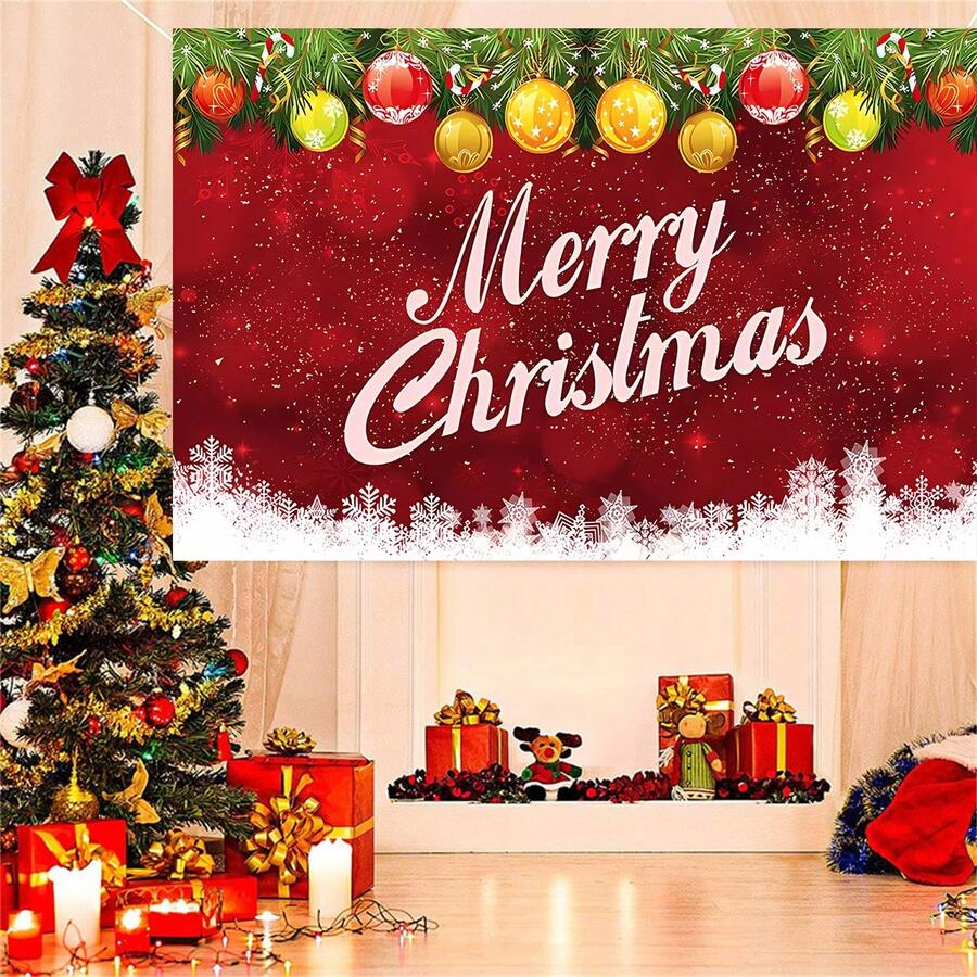 1 件圣诞球和雪花主题冬季圣诞节生日摄影背景窗帘 - 彩色 - 查看 1