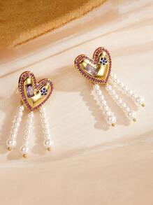 2 piezas Nuevos pendientes de gota larga con diseño de pentágono y pendientes de borla con forma de corazón y perla falsa blanca, elegantes y dulces, regalo para San Valentín, mamá, Día de la Madre