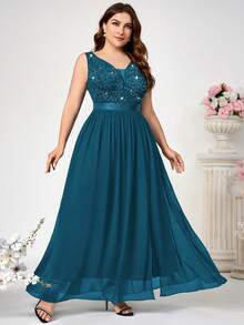 Plus Size Deep V-Neck Sequin Floral Lace Chiffon Sleeveless Formal Party Dress - Dusty Blue - View 3
