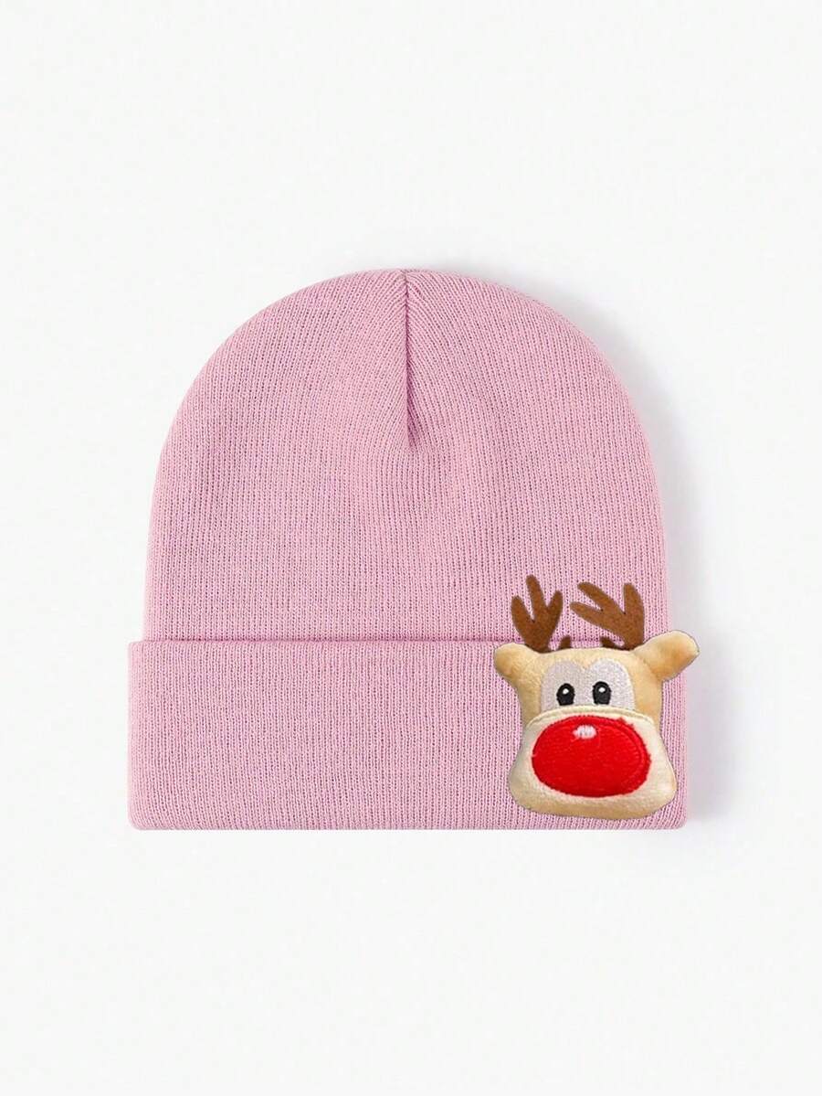 1pc Customized Solid Color Embroidered Fluffy Hat With Christmas Deer