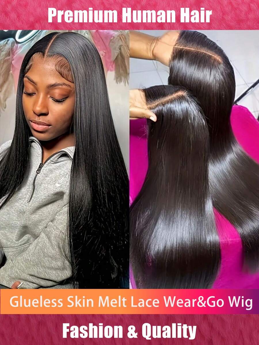 Glueless Skin Melt Lace Front Silky Straight Wig Remy Human Hair 180% Density Fuller Wig Wear & Go 4x4 Lace Closure Wigs Natural Black Color Pre Cut Lace Closure Wigs Preplucked Melted Hairline Silky Bone Straight Beginner Friendly For Women