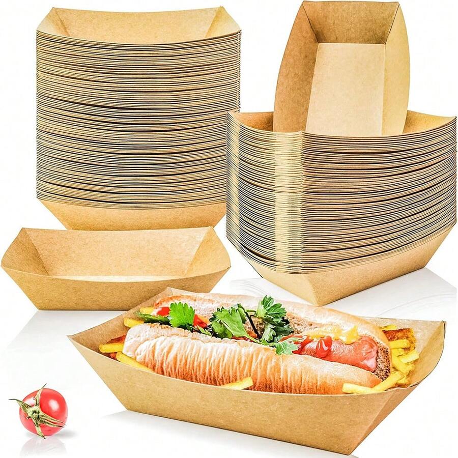 10PCS/1PC 牛皮纸盘，防水防油牛皮纸盒，8.23X5.98X1.97 英寸。它们用于盛放炸薯条、玉米片、小吃、热狗、玉米卷、烧烤、爆米花，适合派对、野餐和婚礼派对（棕色）。 - 彩色 - 查看 1