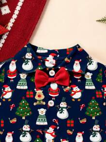 年轻男孩圣诞老人、树、鹿、雪人全身印花长袖衬衫和裤子 2 件套，适合春秋季、运动、休闲、节日、户外、室内 - 藍色 - 查看 3
