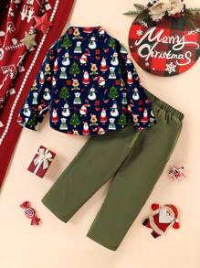 年轻男孩圣诞老人、树、鹿、雪人全身印花长袖衬衫和裤子 2 件套，适合春秋季、运动、休闲、节日、户外、室内 - 藍色 - 查看 2