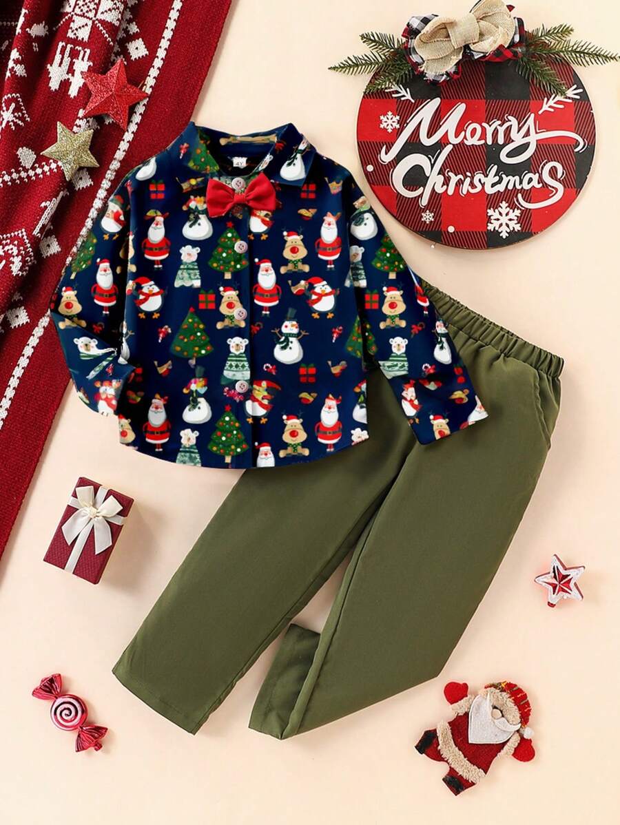 年轻男孩圣诞老人、树、鹿、雪人全身印花长袖衬衫和裤子 2 件套，适合春秋季、运动、休闲、节日、户外、室内 - 藍色 - 查看 1