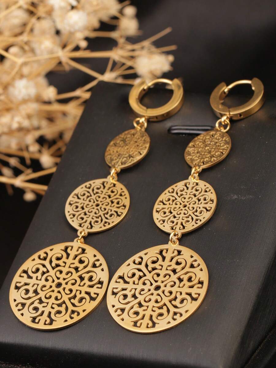 1對不鏽鋼歐式3孔花卉圖案仙女風18K金長款花藤葉墜飾耳環 - 金色 - 查看 1