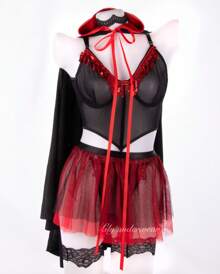 Conjunto 7 piezas Lenceria Disfraz de Vampira sexy para halloween y cosplay con brasier tipo corset y tanga con lentejuelas, falda liguero, gargantilla, mangas y capa - Rojo - Ver 2