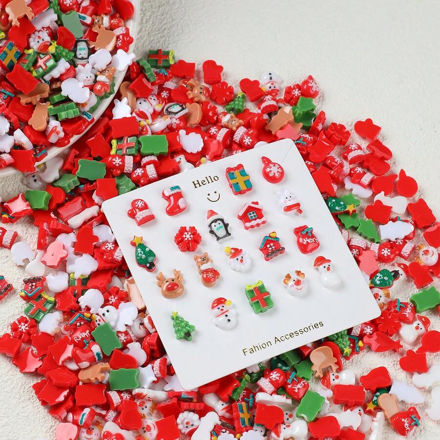 100 件/包混合圣诞树脂装饰套件 - 美甲装饰、DIY 手机壳和发夹装饰 - 各种圣诞主题配饰，包括圣诞老人、树木、雪人、铃铛等 - 彩色 - 查看 1