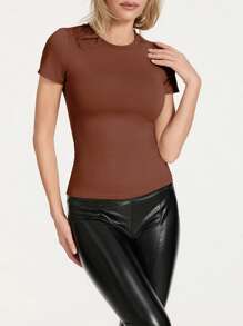 Women Fashion Wild T-Shirts Solid Color Round Neck Long Sleeve Bottoming Shirts Spring Autumn Slim Fit Streetwear - Brown - View 10