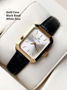 Pablo Raez 1 件女士 18K 镀金不锈钢方形表壳模拟石英手表，白色表盘和黑色皮革表带，50 米防水，优雅，适合日常生活、工作、派对、生日 - 送给女性的绝佳礼物 - 金色 - 查看 14