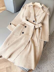 女士翻领双排扣双口袋开衫 - 棕色 - 查看 2