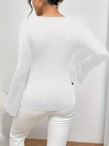 Áo thun tay chuông thanh lịch cho nữ, áo phông đơn giản, phù hợp cho mùa xuân và mùa thu - trắng - Xem 4