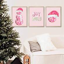 Pink Christmas Decor Pink Christmas ,Art Disco ,Disco Poster,Set Of 3 ,Pastel Christmas Poster, Xmas Art,Wall Canvas Decoration, For Hallway Bedrooms And Living Room,No Frame Home Decor Christmas Decorations Room Decor
