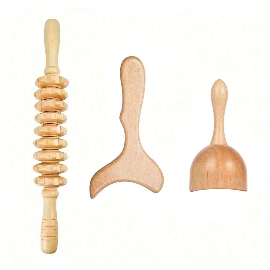 3 件套木制按摩工具：按摩滚轮、足部按摩器和身体磨砂膏 - 非常适合在家放松按摩 - 米色 - 查看 1