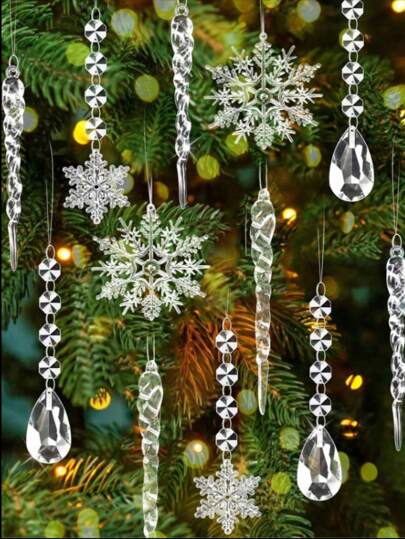 30pcs/18pcs/12pcs Transparent Crystal Pendants Christmas Tree Ornaments, 9pcs Acrylic Snowflake And Star Icicle Hanging Decor, 3pcs Hexagon Snowflake String Christmas And New Year Party Decorations, Suitable For Indoor And Outdoor Scenes, Party Decoration