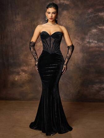 Ny Dam Spets Patchwork Aftonklänning i sammet med öppen axel, Elegant Cocktail Semi-Formell Balklänning, För födelsedag, Bröllopsgäst, Examen, Middag, Hemkomst